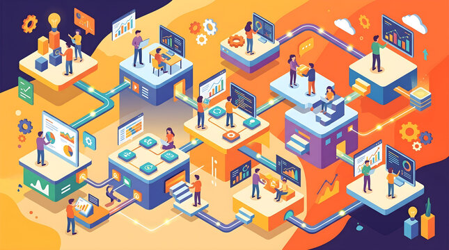 Colorful isometric digital workspace with interconnected cubes showcasing dynamic task management, concept for streamlined project management, agile workflows, and corporate efficiency solutions