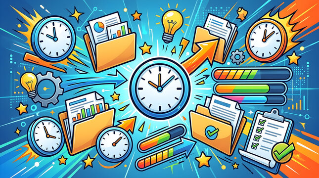 Vibrant colorful digital illustration of interconnected clocks and documents with dynamic icons, concept for modern project management, agile workflows, and corporate efficiency solutions