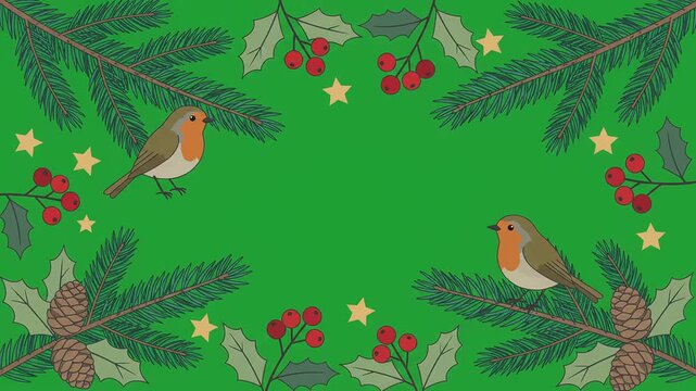 Animated Christmas background featuring cute robins, evergreen pine branches, festive holly berries, and twinkling gold stars ideal for holiday seasonal greetings.