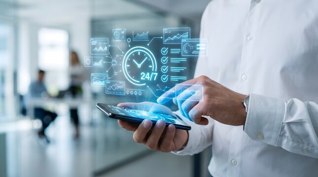 Businessman using smartphone with 24 7 digital clock interface in