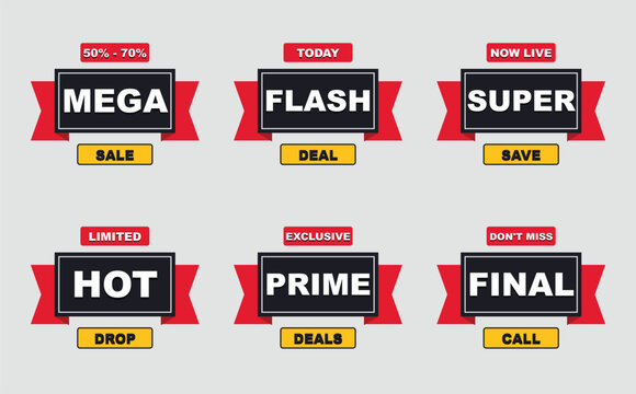 Sale badge and promotion tag banner set. Includes text for mega sale, flash deal, and special discounts. Promotional labels and ribbon stickers for e-commerce advertising campaigns.