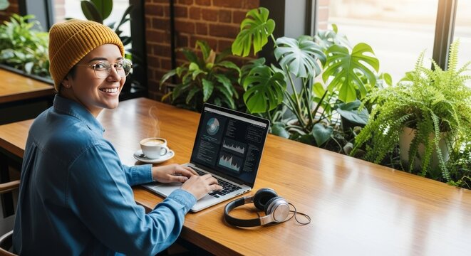 Remote work on a laptop at a sunlit wooden table in a stylish cafe with lush greenery, showcasing a cheerful smile and modern lifestyle, balance, wood, online