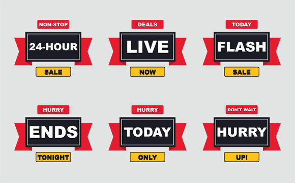 Sale and discount banner vector set. Features red ribbons, black tags, and urgent text like flash deal, live now, and 24-hour sale. Modern flat design for e-commerce promotions.