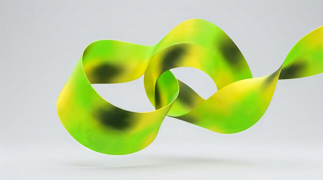Abstract green yellow twisted ribbon shape with fine parallel line texture isolated on a white background
