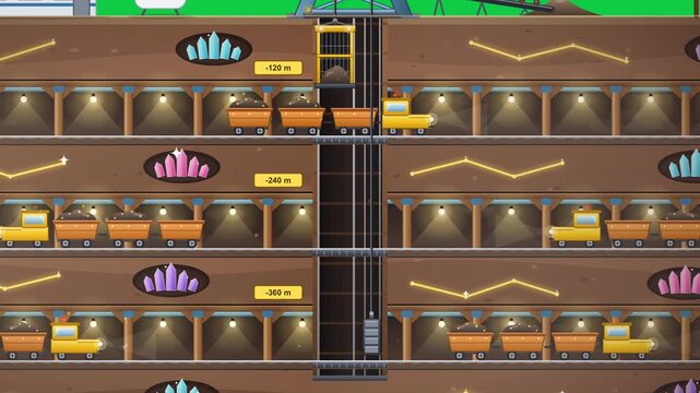 Underground Multi Level Mine Shaft Operation Elevator Moving Carts Isolated On Green Screen