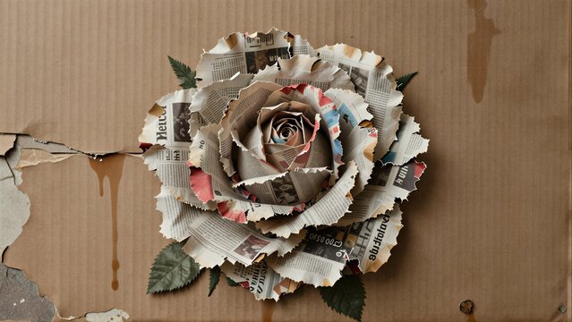 Newspaper rose on cardboard, artistic decay and renewal theme.