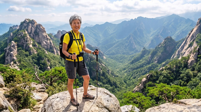 Active senior Asian woman hiking on mountain summit, standing on granite rock with trekking poles against majestic mountain range, healthy lifestyle, sunny day, stock photo