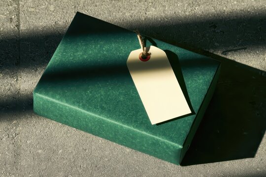 Green gift box with blank tag on textured surface