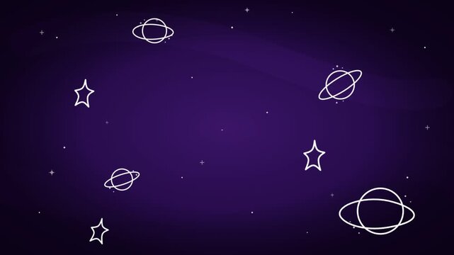 Animated night sky with glowing white planets and stars moving across a dark purple space background