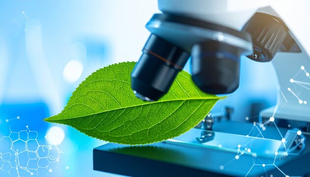 Fresh Green Leaf Beneath a Laboratory Microscope Objective