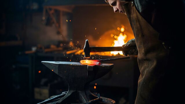 Blacksmith forging hot metal on an anvil with glowing sparks in a traditional workshop