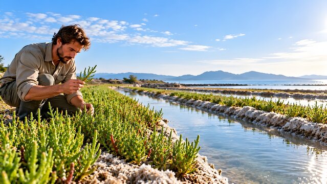 Male Researcher Examining Halophyte Plants in Coastal Saltmarsh at Sunrise