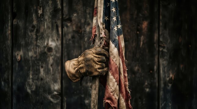 Soldier hand wearing tactical glove holding an american flag against a dark wooden wall background