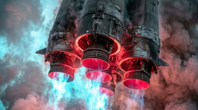 Rocket engine bell nozzles glowing red with luminous cyan propulsion exhaust venting beneath charcoal fuselage amid swirling launch clouds.