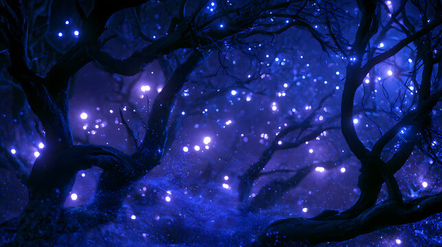 Mystical dark forest background with gnarled bare trees and glowing blue fireflies or magical glowing orb particles. Enchanted night landscape photo for spooky fantasy and Halloween design
