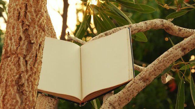 Open blank notebook or book resting on tree branches in a forest with warm sunlight filtering through leaves.