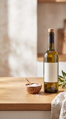 Fototapeta premium Olive Oil Bottle with Blank Label on Wooden Kitchen Counter with Sea Salt