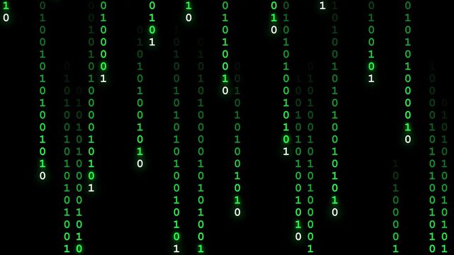 Digital rain matrix animation of green binary code cascading down a dark background, representing data flow and computer programming.
