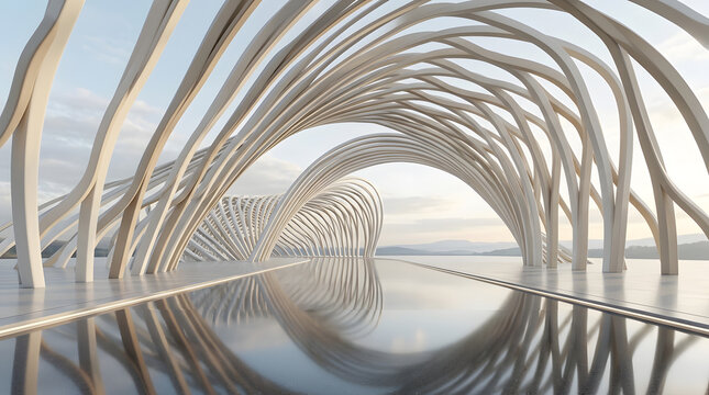 White modern organic arches reflecting on calm infinity pool. Luxury futuristic architecture and landscape design. Curved parametric colonnade framing serene lake horizon