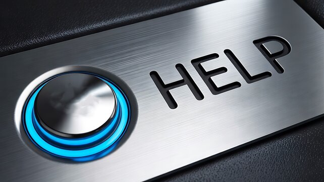 Glowing Help Button on a Metallic Panel Representing Customer Support and Assistance