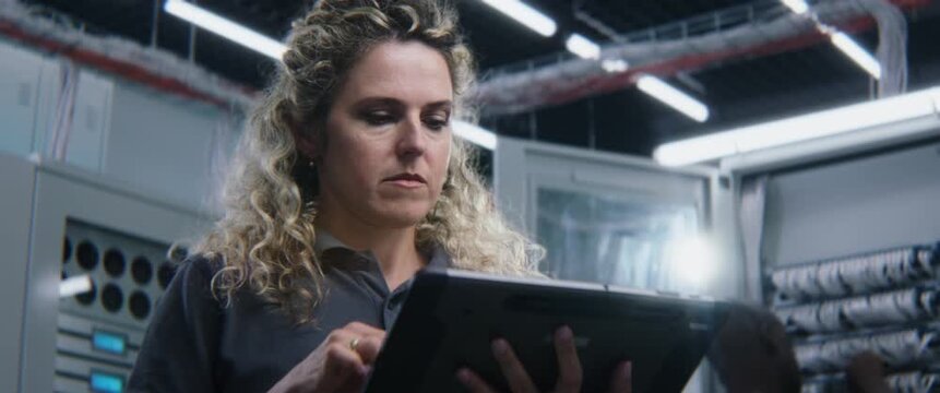 Female IT Specialist Standing with Digital Tablet, Monitoring Server Infrastructure and Assessing System Performance. Enterprise Technology Management, Cloud Operations, and Technical Troubleshooting.
