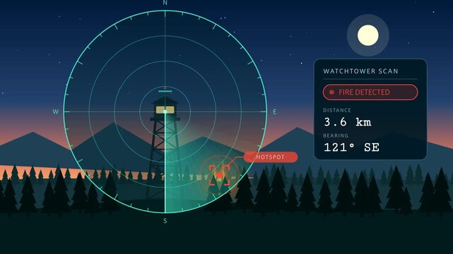Wildfire watchtower radar scan animation at dusk, forest fire hotspot detection with compass bearing and distance readout, flat illustration