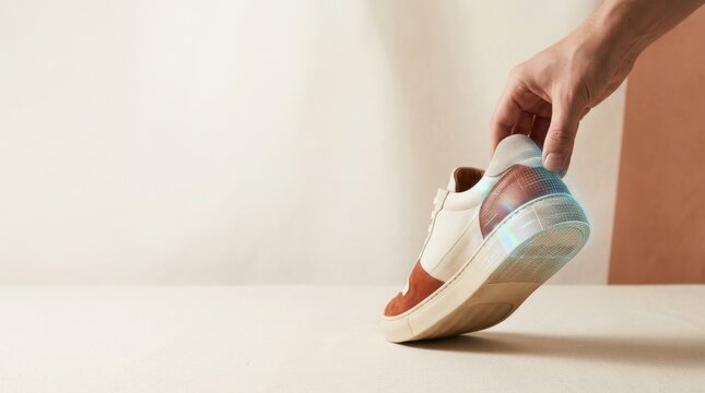 Hand gently lifting the heel of a premium unbranded designer sneaker to authenticate luxury resale and secondhand products
