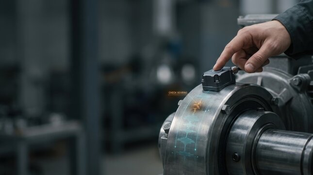 A realistic human hand adjusting a metal ball valve attached to a premium compact vibration sensor for ai predictive maintenance in industrial settings