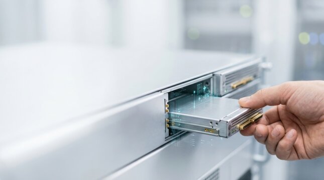Hand inserting a compute blade into a hard drive as part of modular data center expansion and scalable computing capacity solutions