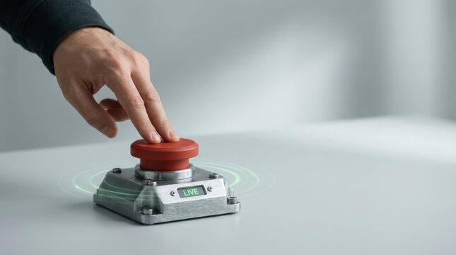 Hand pressing a distinctive red industrial-style button to launch a marketing campaign activation for promotional activities and engagement