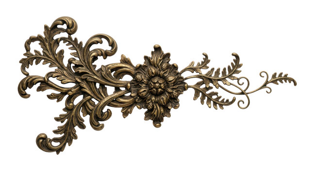 Ornate vintage brass decorative element with floral and acanthus leaf carvings, isolated on transparent background