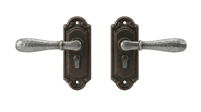 Vintage style hammered metal door handles with ornate backplates isolated on transparent background