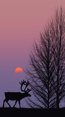 Silhouette of a horned deer standing next to a bare tree against a purple sunset sky with a red glowing sun © Dian