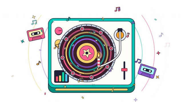 Retro vinyl turntable player animation with cassette tapes