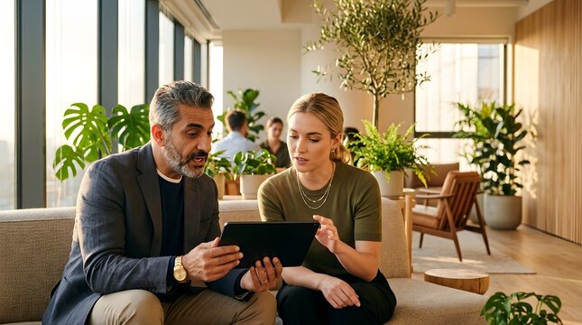 Professional business man and woman using tablet in sunny modern office