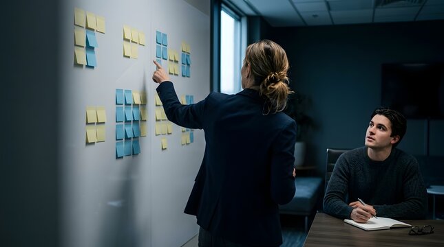 Professional pointing at sticky notes on office whiteboard during meeting