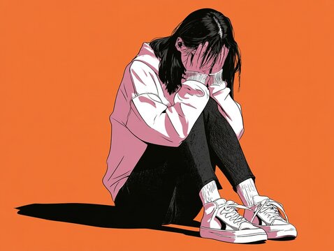 Person kneeling with hands covering face in distress Vector