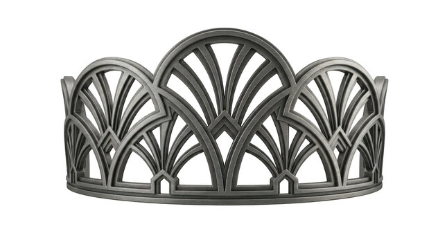 Art deco style crown or tiara made of dark metal with intricate geometric fan patterns isolated on transparent background