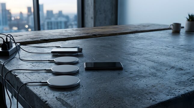 Smartphones charging on wireless pads on a modern concrete office desk