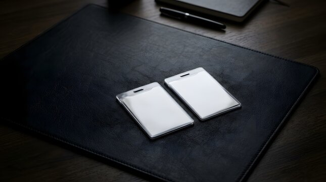 Two empty identity card holders on a black leather desk mat workspace