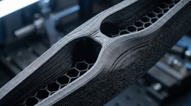 Macro view of an additive manufactured graphene composite wing spar with carbon weave texture, layered deposition lines, and honeycomb lattice.