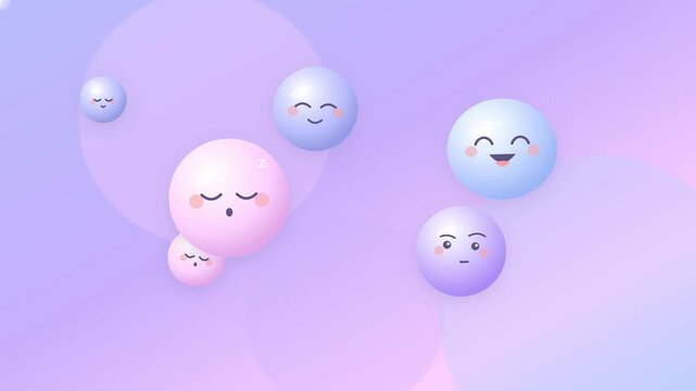 Cute pastel emoji spheres floating and drifting with smiling and sleeping faces, calming dreamy vector animation, seamless loop 4K background