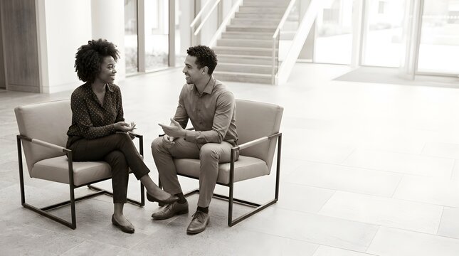 Two professionals in business casual clothing talking in modern office