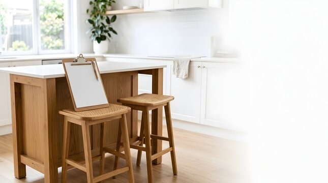 Wooden Kitchen Island with Clipboard on Bar Stool in Modern Home Interior