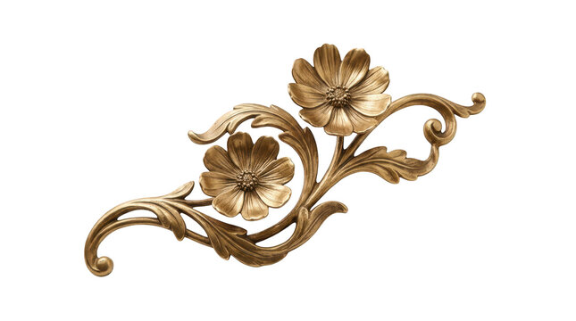 Elegant golden floral decorative element with two blooming flowers and ornate leaves, isolated on transparent background