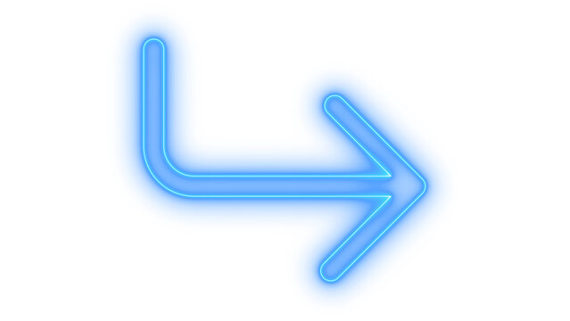Colorful neon arrow icon with curved corner pointing right for navigation roadmap digital signage and user interface symbol isolated on transparent background