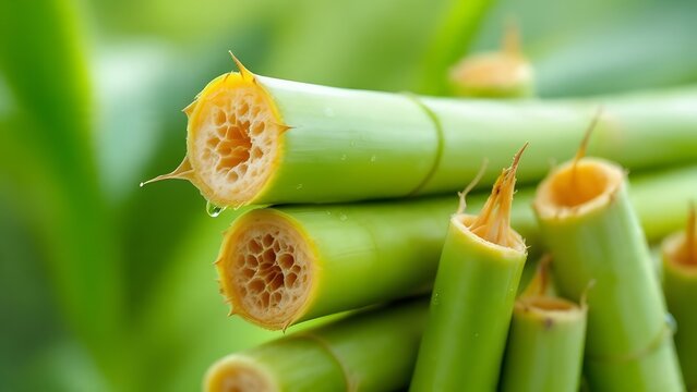 Freshly Cut Green Vegetable Stalks Showing Inner Yellow Pith Structure Close Up