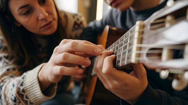 A Patient Guitar Instructor Guiding a Young Student Through Chords During an Intimate Music Lesson at Home