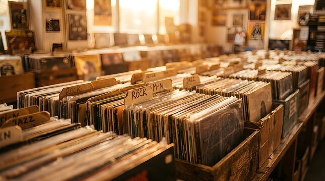Vinyl records organized in wooden crates inside a vintage record shop under warm golden light