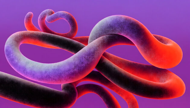 Abstract curved velvet tubes on purple background. Modern luxury creative design. Twisted soft furry shapes floating with vibrant red glow